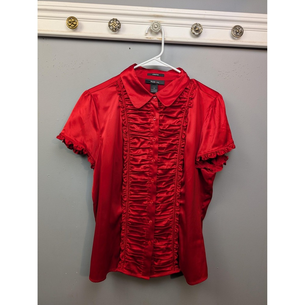 Style & Co Shirt Blouse Womens 12 Red Ruffle Button Front Short Sleeve Stretch